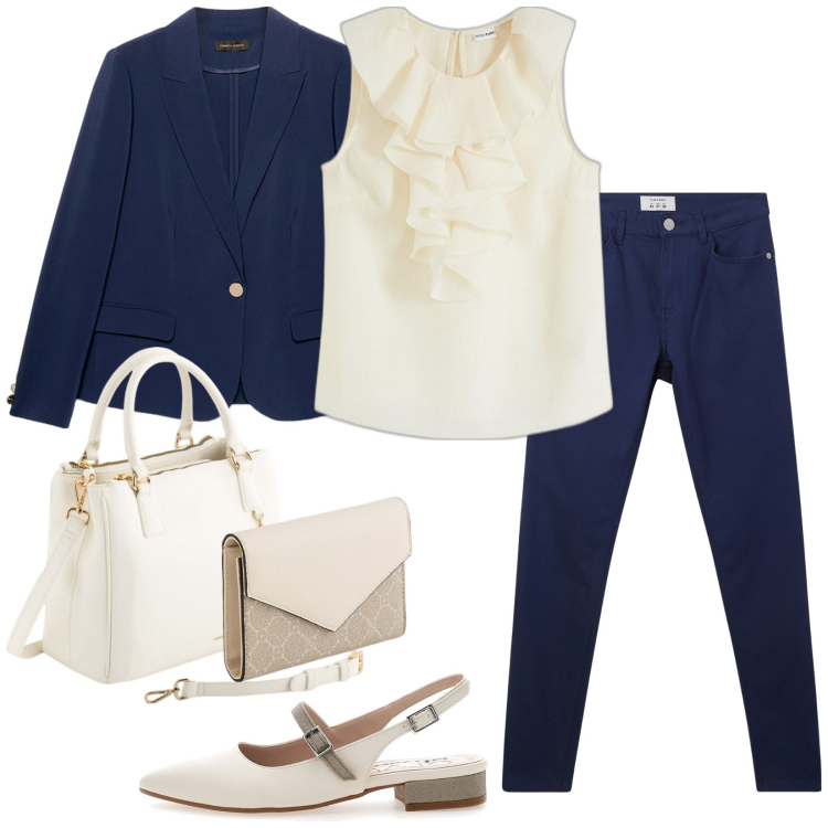 Outfit donna - Total look #2076398. Stile Casual per Ufficio. Abbinamento con bluse, pantaloni, ballerine, blazer, borse a mano, portafogli.