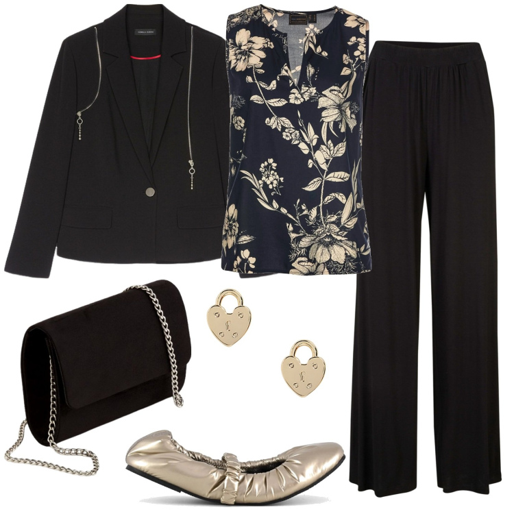 Outfit donna - Praticità, eleganza, versatilità. Stile Chic per Serata fuori. Abbinamento con top, pantaloni, orecchini, blazer, pochette, ballerine.