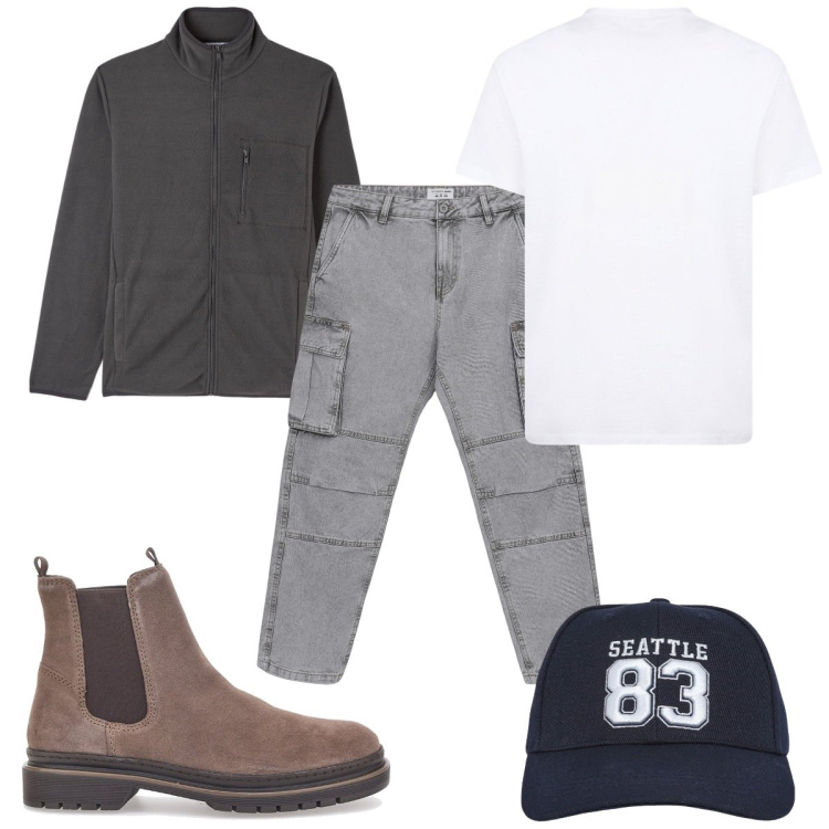 Outfit uomo - Total look #2076415. Stile Casual per Tutti i giorni. Abbinamento con cappelli, felpe, jeans, t-shirt, stivali e stivaletti.