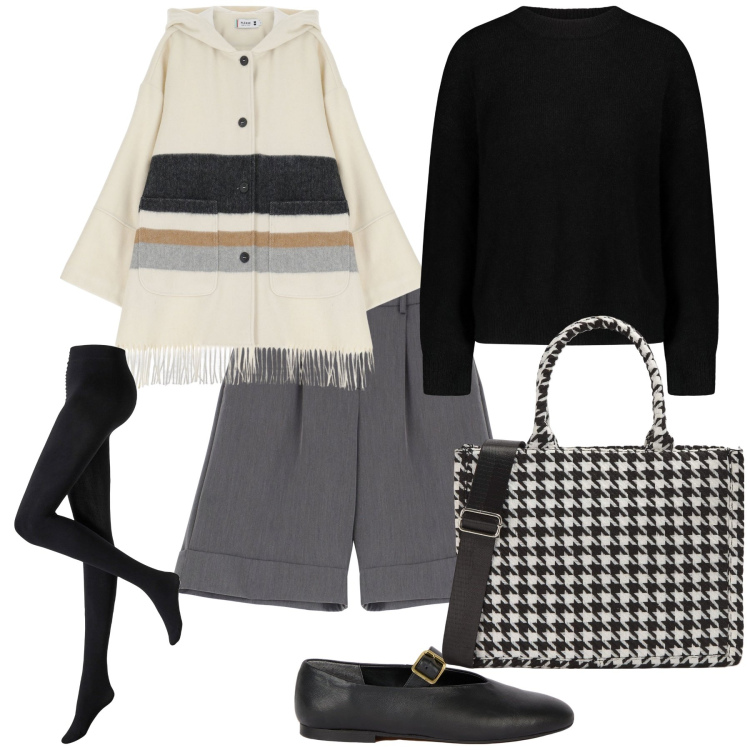 Outfit donna - Oggi bermuda in ufficio. Stile Urban per Ufficio. Abbinamento con collant, shopping bag, cappotti, bermuda, maglieria, ballerine.