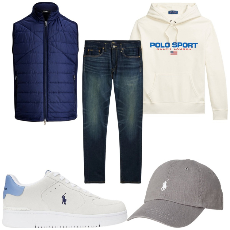 Outfit uomo - Total look #2076422. Stile Trendy per Tutti i giorni. Abbinamento con cappelli, jeans, sneakers, piumini, felpe con cappuccio.