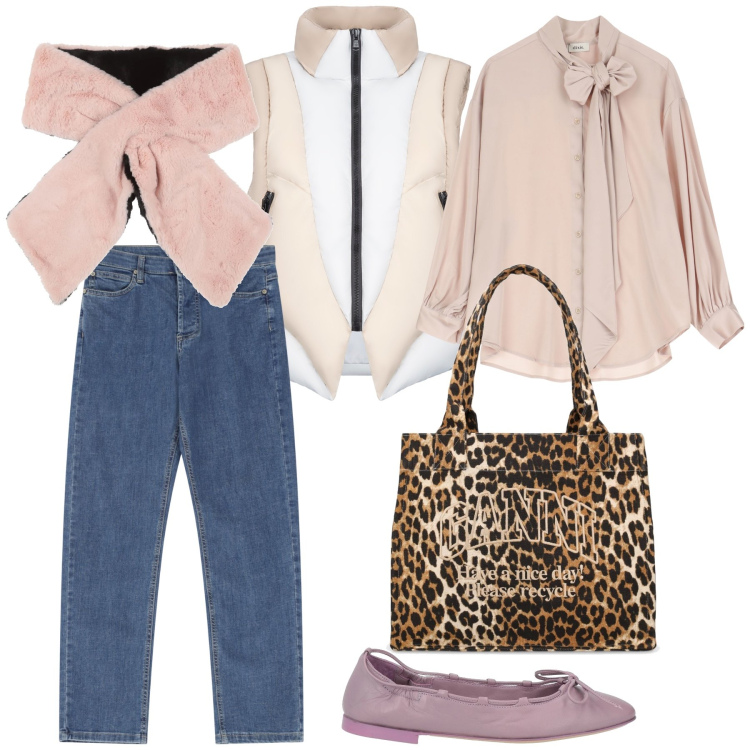 Outfit donna - Mix di look per incontrare una amica. Stile Trendy per Tutti i giorni. Abbinamento con sciarpe, ballerine, jeans dritti, camicie, piumini, shopping bag.