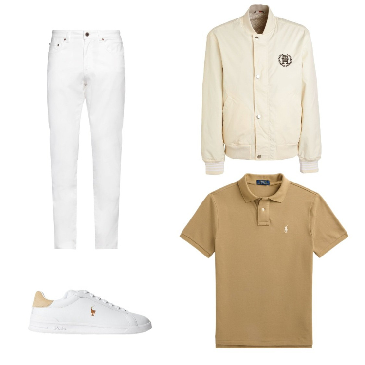 Outfit uomo - È arrivata la primavera. Stile Casual per Tutti i giorni. Abbinamento con giacche, pantaloni, sneakers, polo.