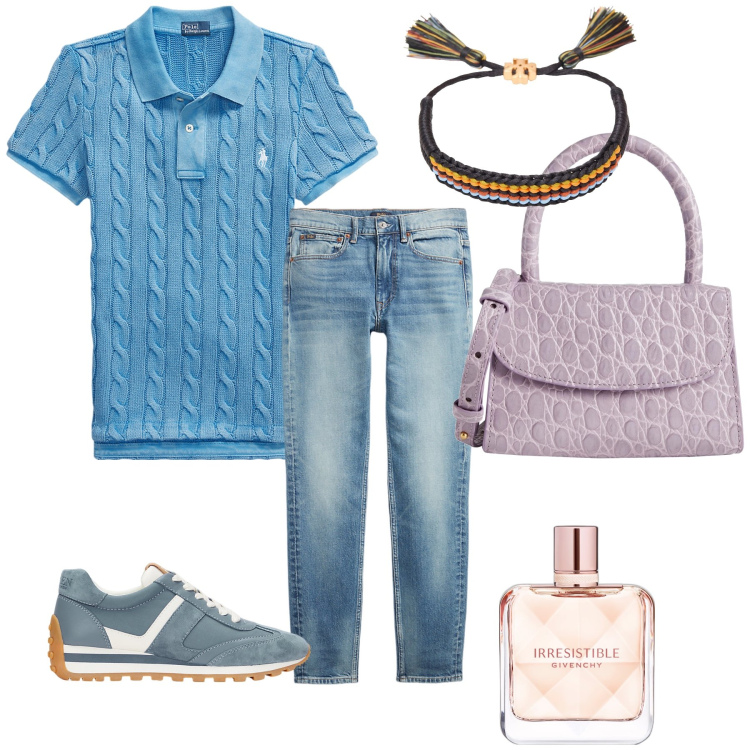Outfit donna - Irresistibile in jeans. Stile Sporty chic per Tutti i giorni. Abbinamento con borse a mano, braccialetti, profumi, polo, jeans skinny, sneakers.