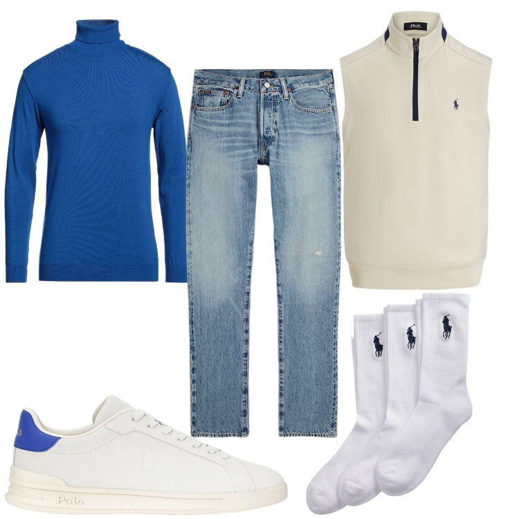 Outfit uomo - Total look #2076432. Stile Trendy per Tutti i giorni. Abbinamento con maglieria, calzini, sneakers, jeans, gilet.