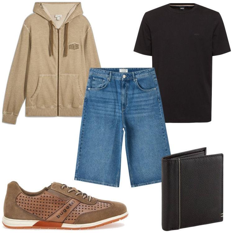 Outfit uomo - Total look #2076433. Stile Trendy per Tutti i giorni. Abbinamento con felpe con cappuccio, pantaloni corti, scarpe stringate, t-shirt, portafogli.