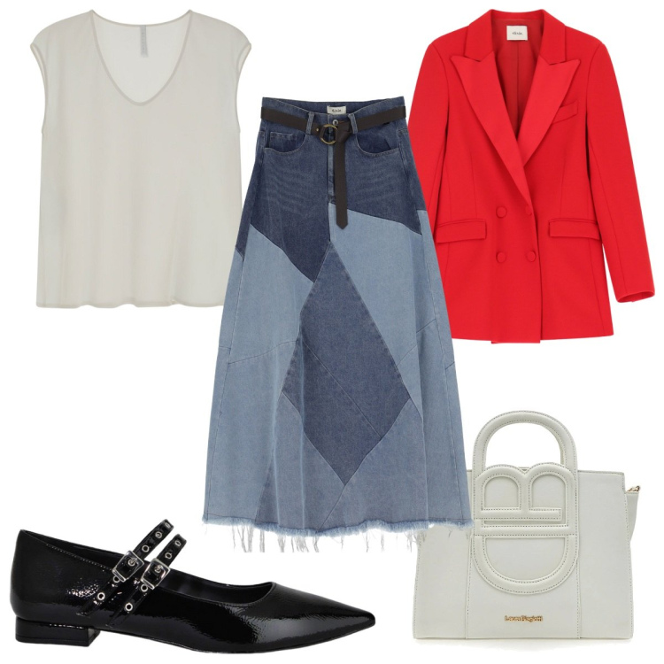 Outfit donna - Total look #2076435. Stile Trendy per Tutti i giorni. Abbinamento con top, gonne longuette, blazer, ballerine, borse a tracolla.