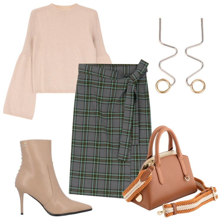 Outfit donna - Total look #2076438. Stile Trendy per Tutti i giorni. Abbinamento con stivaletti, maglieria, gonne longuette, orecchini, borse a mano.