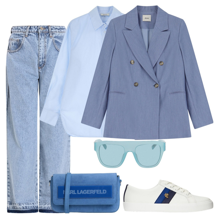 Outfit donna - Azzurro polvere. Stile Casual per Scuola/Università. Abbinamento con borse a tracolla, occhiali da sole, jeans, camicie, blazer, sneakers.