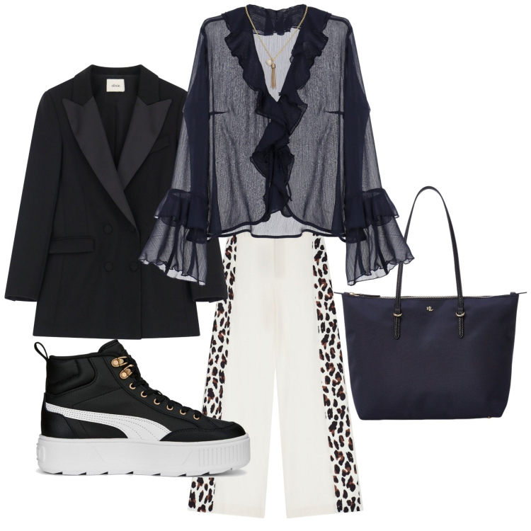 Outfit donna - Stile libero. Stile Casual per Tutti i giorni. Abbinamento con bluse, pantaloni a palazzo, blazer, borse tote, sneakers.
