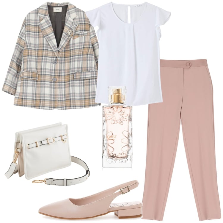 Outfit donna - Total look #2076480. Stile Casual per Ufficio. Abbinamento con profumi, bluse, pantaloni, blazer, ballerine, borse a tracolla.