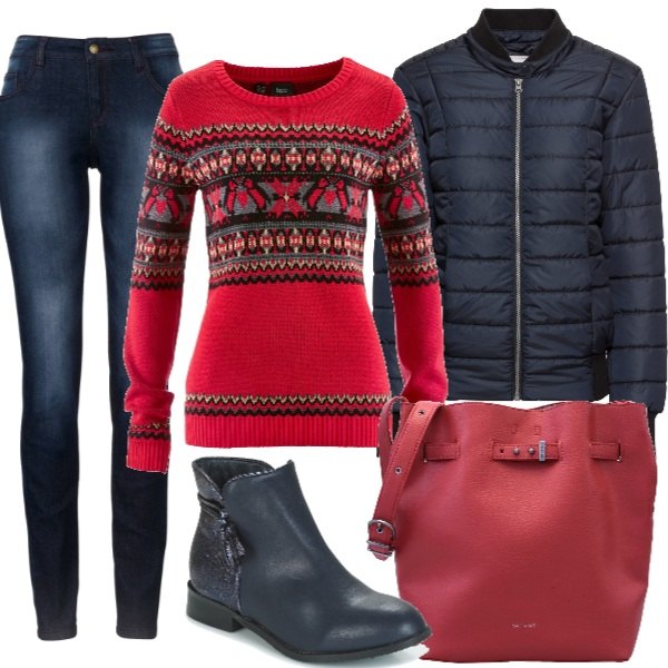 Outfit donna - Vigilia a casa di amici. Stile Basic per Tutti i giorni. Abbinamento con jeans skinny, pullover con scollo rosso e corda, piumino blu, borsa a tracolla, stivaletti blu.