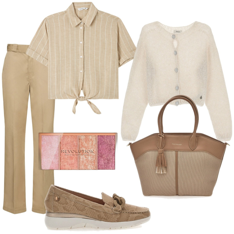 Outfit donna - Total look #2076497. Stile Basic per Tutti i giorni. Abbinamento con blush, camicie a manica corta, cardigans, mocassini, pantaloni, borse tote.
