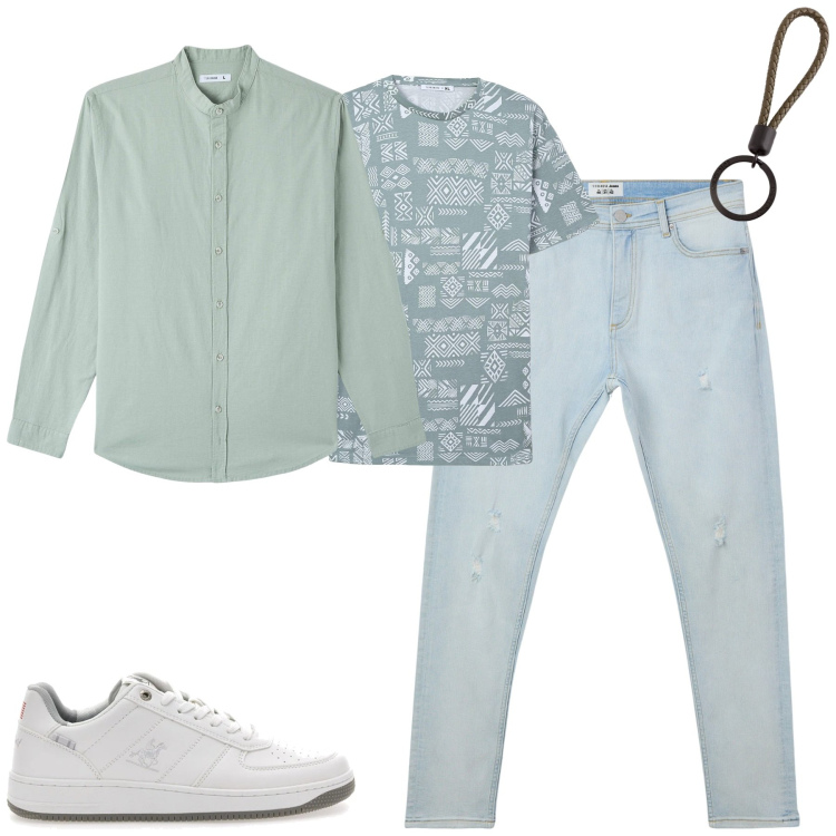 Outfit uomo - Marzo. Stile Casual per Tutti i giorni. Abbinamento con camicie, jeans strappati, t-shirt, sneakers, portachiavi.