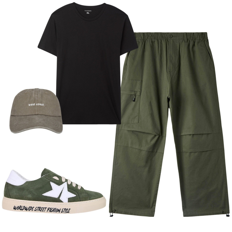 Outfit uomo - City. Stile Casual per Tutti i giorni. Abbinamento con cappelli, t-shirt, pantaloni, sneakers.