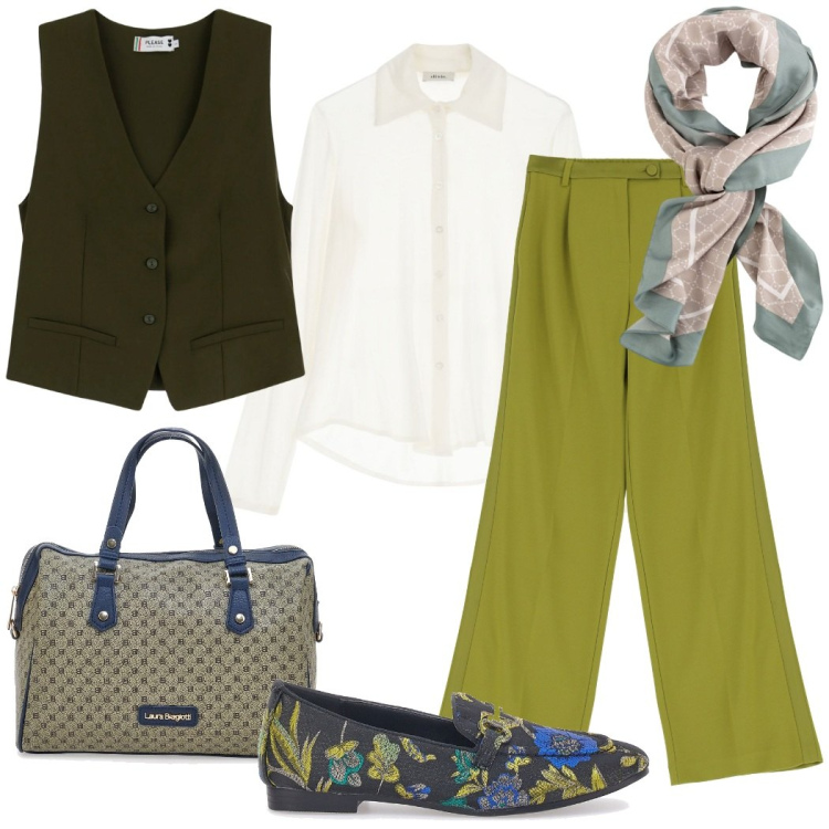 Outfit donna - I dettagli fanno la differenza. Stile Urban per Ufficio. Abbinamento con gilet, pantaloni, camicie, borse a spalla, mocassini, foulard.