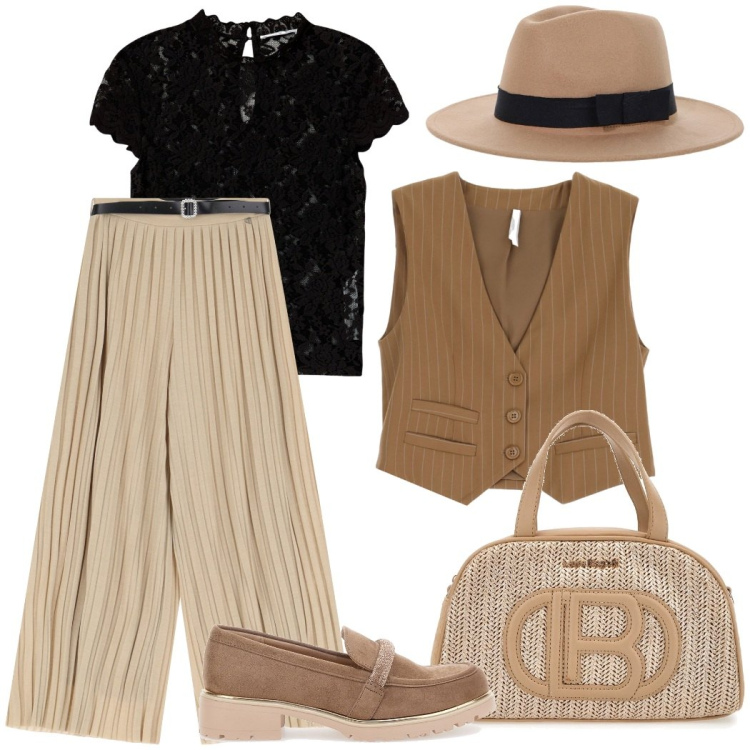 Outfit donna - Chic e femminile. Stile Urban per Tutti i giorni. Abbinamento con t-shirt, gilet, cappelli, pantaloni a palazzo, mocassini, borse a spalla.