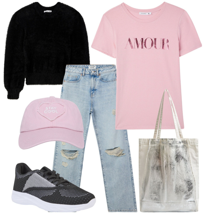Outfit donna - Aspettando la prossima stagione. Stile Casual per Tutti i giorni. Abbinamento con t-shirt, jeans strappati, cappelli, maglieria, sneakers, shopping bag.