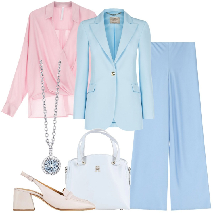 Outfit donna - Pastel Power. Stile Chic per Cerimonia. Abbinamento con décolleté, borse a mano, collane, blazer, pantaloni, bluse.