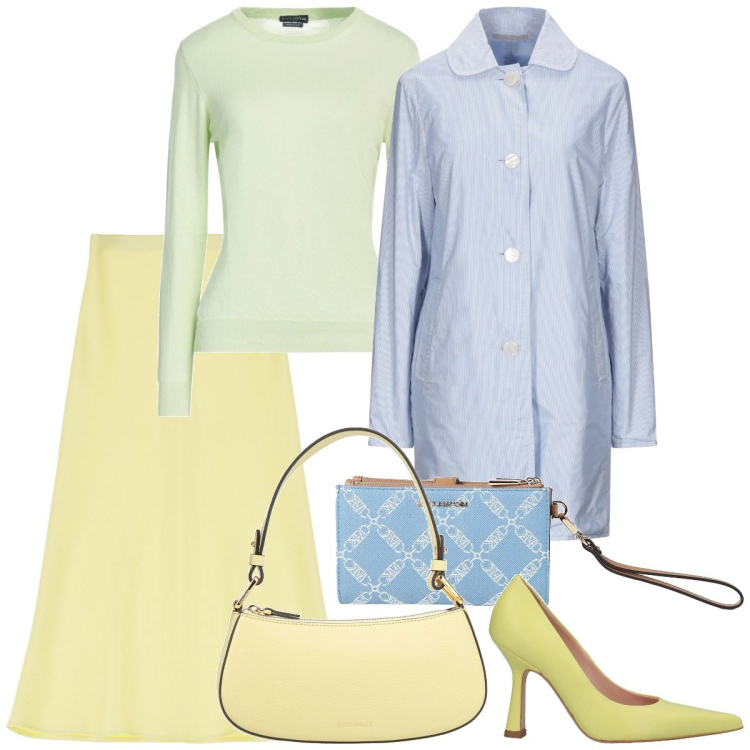 Outfit donna - Pastel Power. Stile Casual chic per Tutti i giorni. Abbinamento con trench, décolleté, pullovers, borse a mano, portafogli, gonne longuette.