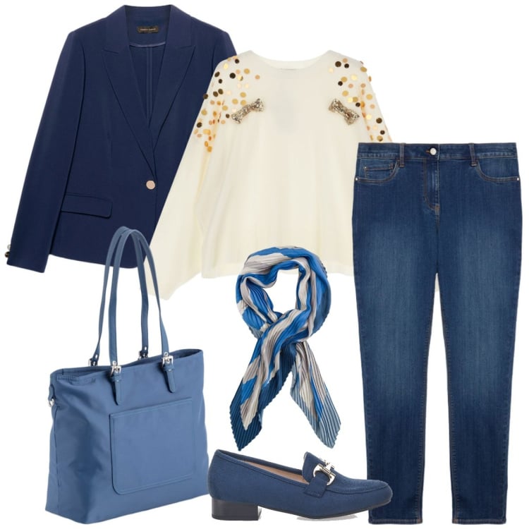 Outfit donna - Blazer di fine inverno. Stile Mannish per Ufficio. Abbinamento con maglieria, mocassini, jeans skinny, blazer, shopping bag, foulard.
