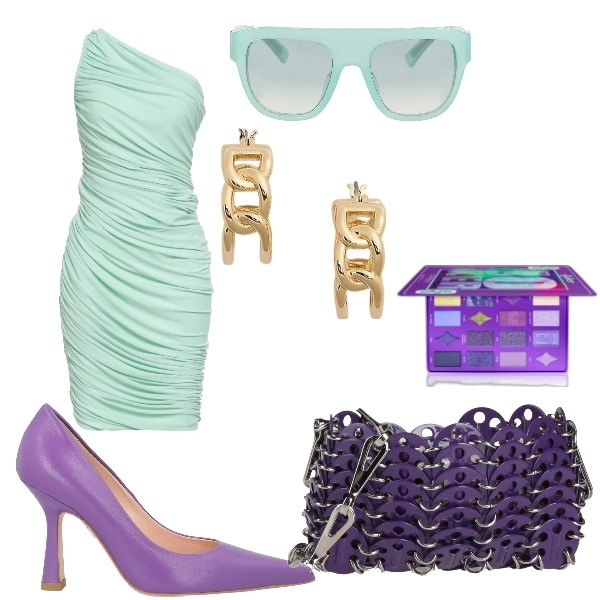 Outfit donna - il vestito verde menta. Stile Sexy per Serata fuori. Abbinamento con vestiti midi/longuette, borse a tracolla, décolleté, occhiali da sole, ombretti, orecchini.