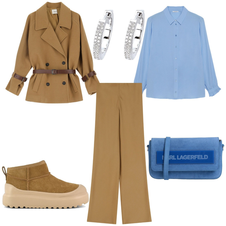Outfit donna - Uscita con amiche. Stile Casual per Tutti i giorni. Abbinamento con borse a tracolla, orecchini, pantaloni, blazer, camicie, stivali.
