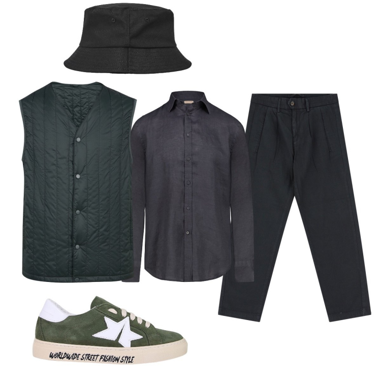 Outfit uomo - Total look #2076532. Stile Casual per Tutti i giorni. Abbinamento con cappelli, sneakers, pantaloni, camicie, piumini.