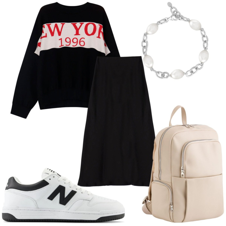 Outfit donna - Total look #2076537. Stile Sporty chic per Tutti i giorni. Abbinamento con braccialetti, sneakers, gonne longuette, maglieria, zaini.