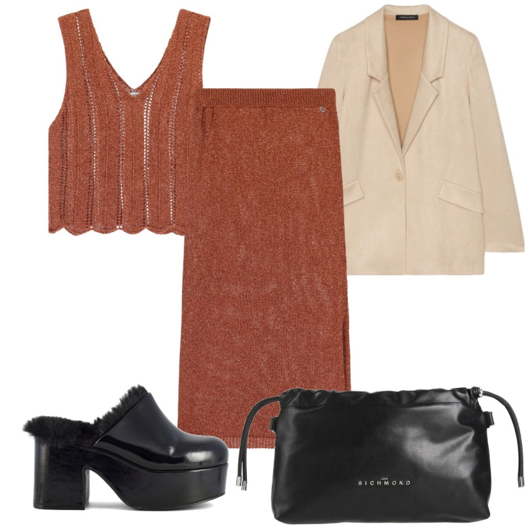 Outfit donna - Total look #2076538. Stile Trendy per Tutti i giorni. Abbinamento con borse a mano, top, gonne longuette, sabot, blazer.