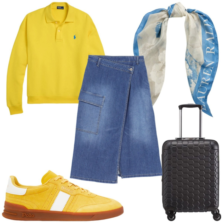Outfit donna - Total look #2076542. Stile Trendy per Tutti i giorni. Abbinamento con gonne longuette, sneakers, foulard, pullovers, valigie.