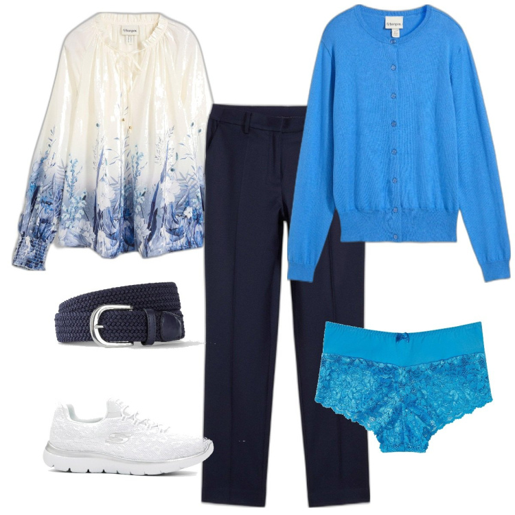 Outfit donna - Explore Springtime - Bonprix editorial. Stile Romantica per Tutti i giorni. Abbinamento con bluse, cinture, pantaloni, sneakers, cardigans, culotte.