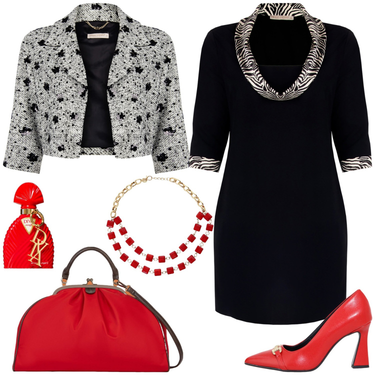 Outfit donna - Auguri a tutte le donne. Stile Bon Ton per Tutti i giorni. Abbinamento con profumi, vestiti, blazer, décolleté, collane, borse a spalla.