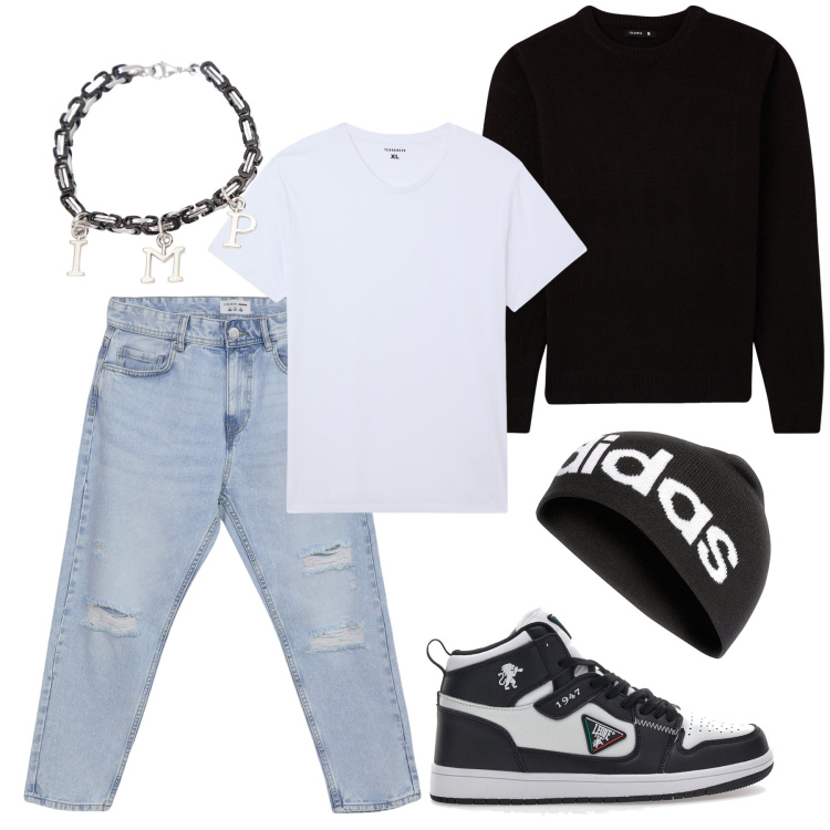 Outfit uomo - Ragga. Stile Trendy per Tutti i giorni. Abbinamento con t-shirt, maglieria, jeans strappati, braccialetti, sneakers, berretti.
