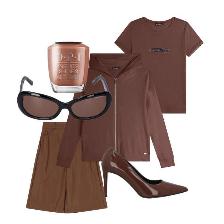 Outfit donna - Dirty brown 05. Stile Basic per Tutti i giorni. Abbinamento con décolleté, smalti, felpe con cappuccio, t-shirt, bermuda, occhiali da sole.