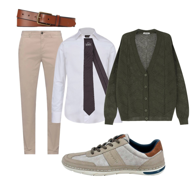 Outfit uomo - In città. Stile Trendy per Tutti i giorni. Abbinamento con cravatte, pantaloni, cardigans, cinture, sneakers, camicie.