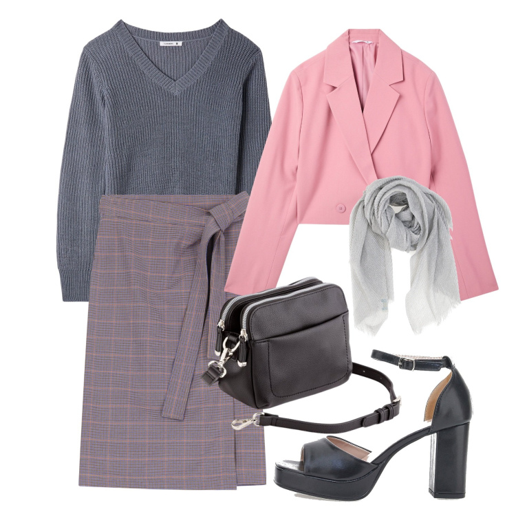 Outfit donna - Gonne midi per la primavera. Stile Bon Ton per Ufficio. Abbinamento con blazer, maglieria, gonne longuette, décolleté, foulard, borse a tracolla.