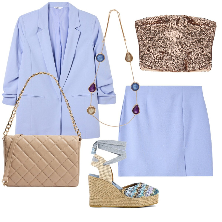 Outfit donna - Completo fashion. Stile Glamour per Serata fuori. Abbinamento con minigonne, blazer, borse a tracolla, top, sandali col tacco, collane.