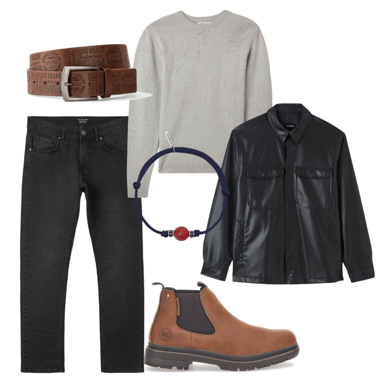 Outfit uomo - Un giro in moto. Stile Biker Rock per Serata speciale. Abbinamento con cinture, cappotti, maglieria, jeans dritti, braccialetti, stivali e stivaletti.