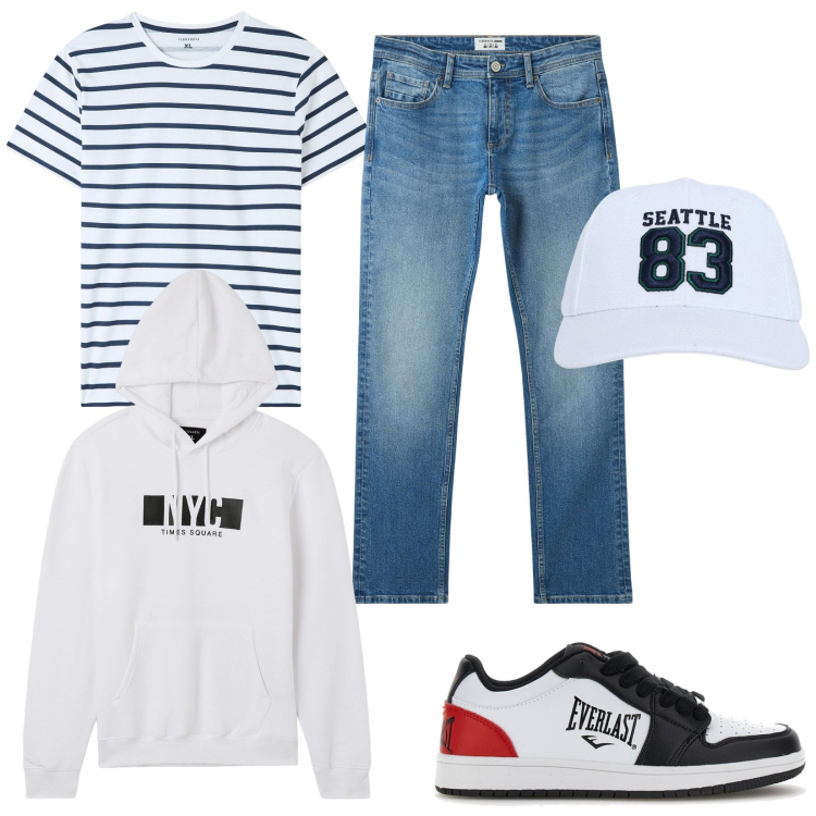 Outfit uomo - Stampe a righe. Stile Urban per Tutti i giorni. Abbinamento con jeans, t-shirt, cappelli, felpe con cappuccio, sneakers.