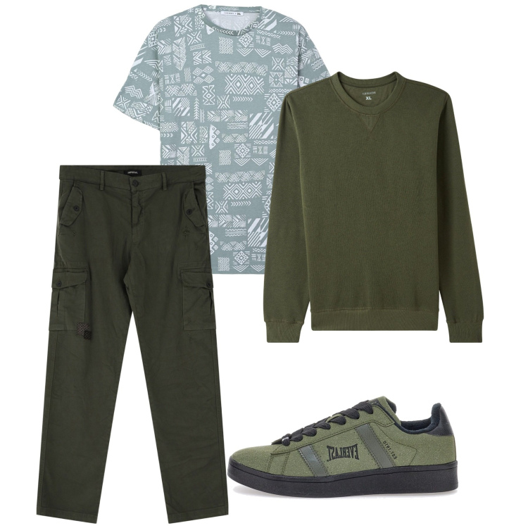 Outfit uomo - Green. Stile Casual per Tutti i giorni. Abbinamento con felpe, t-shirt, pantaloni cargo, sneakers.