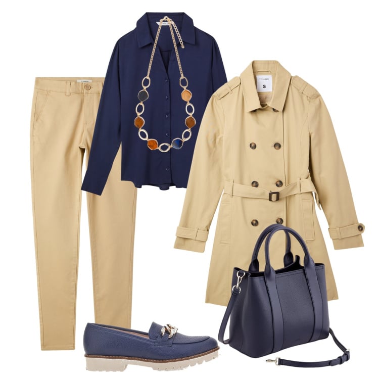 Outfit donna - Per la mezza stagione. Stile Trendy per Tutti i giorni. Abbinamento con camicie, trench, pantaloni chino, mocassini, collane, borse a mano.