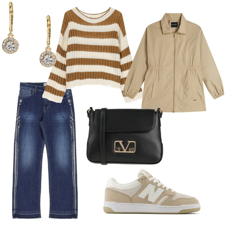 Outfit donna - Per tutti i giorni. per Tutti i giorni. Abbinamento con borse a tracolla, sneakers, jeans dritti, maglieria, parka, orecchini.