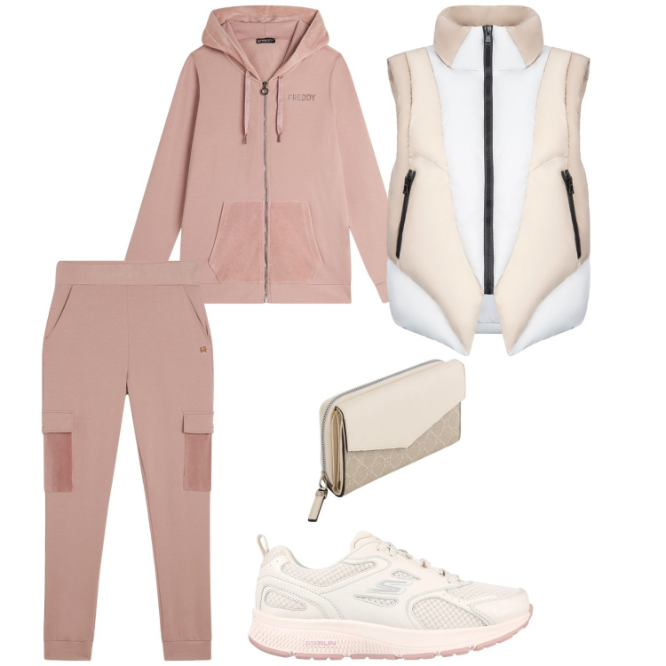 Outfit donna - Oggi passeggiata. per Sport. Abbinamento con pantaloni cargo, felpe con cappuccio, piumini, sneakers, portafogli.