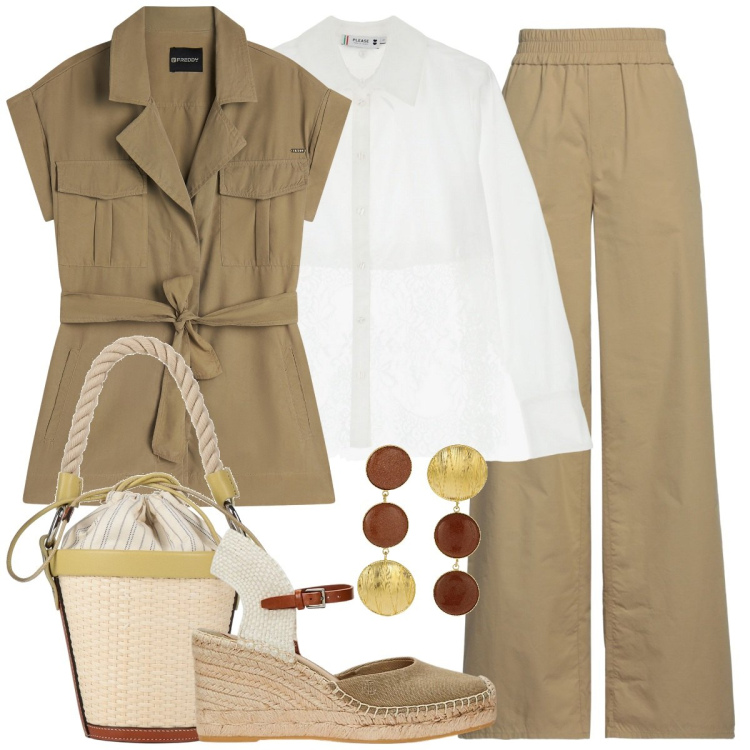 Outfit donna - Espadrillas!. Stile Casual chic per Tutti i giorni. Abbinamento con pantaloni, borse a secchiello, camicie, trench, espadrillas, orecchini.