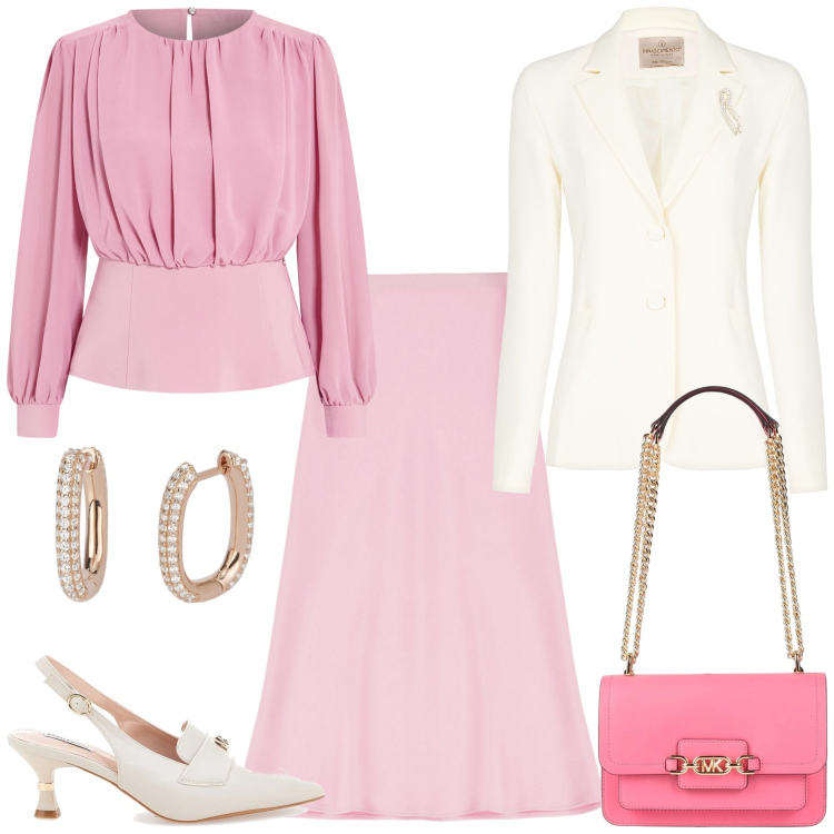 Outfit donna - Gonne midi per la primavera. Stile Chic per Cerimonia. Abbinamento con borse a spalla, orecchini, blazer, bluse, gonne longuette, décolleté.