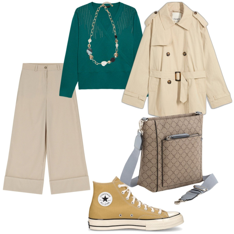 Outfit donna - Al parco con i bambini. per Tutti i giorni. Abbinamento con trench, pantaloni, collane, sneakers, maglieria, borse a tracolla.