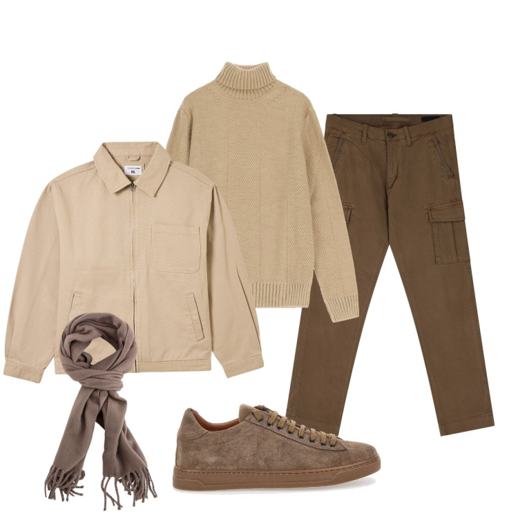 Outfit uomo - Total look #2076678. Stile Casual per Tutti i giorni. Abbinamento con giacche, maglieria, pantaloni cargo, sneakers, sciarpe.