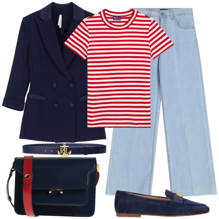 Outfit donna - Blazer blu. Stile Trendy per Tutti i giorni. Abbinamento con borse a tracolla, blazer, jeans, mocassini, cinture, t-shirt.