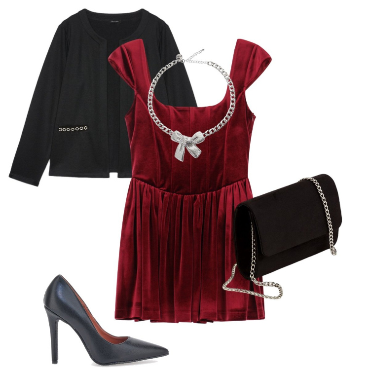 Outfit donna - L’abito corto effetto velluto. Stile Sexy per Serata fuori. Abbinamento con collane, vestiti corti, décolleté, blazer, pochette.